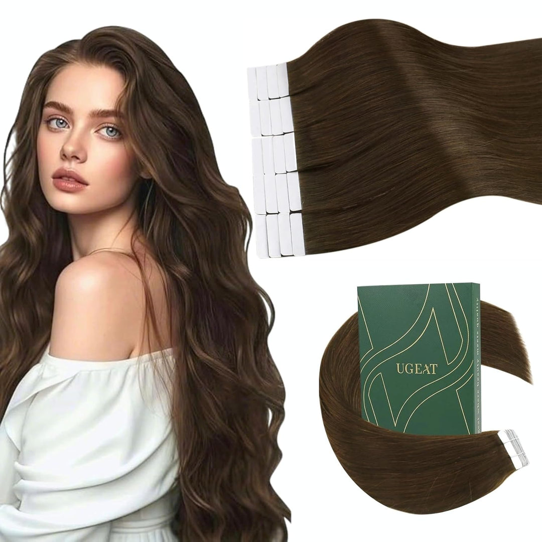 Ugeat 35cm Tape Extensions Braun Echthaar Band Haarverlaengerung 20Stücke Unsichtbares Tape Extensio