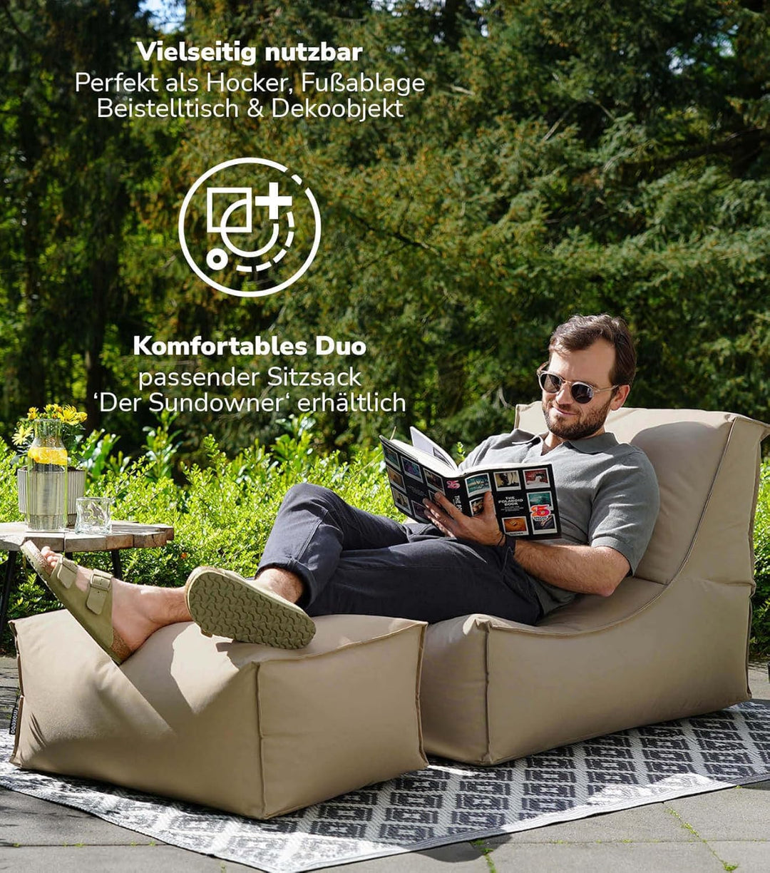 mokebo® Outdoor Pouf o. Hocker 65x45cm in Beige mit schwarzer Schutzhülle &