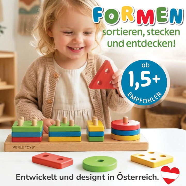 Steckspiel ab 1 Jahr, 4in1 Formen Sortierspiel ab 2 Jahre mit 16 Formen, Montessori Steckspiel Holz,