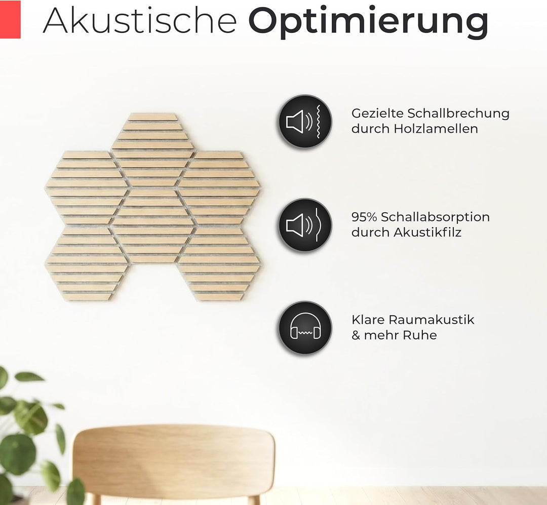 Akustikpaneele Holz selbstklebend – 9er-Set | Echtholz Eiche & Akustikfilz Grau | Hexagon 30x26cm –