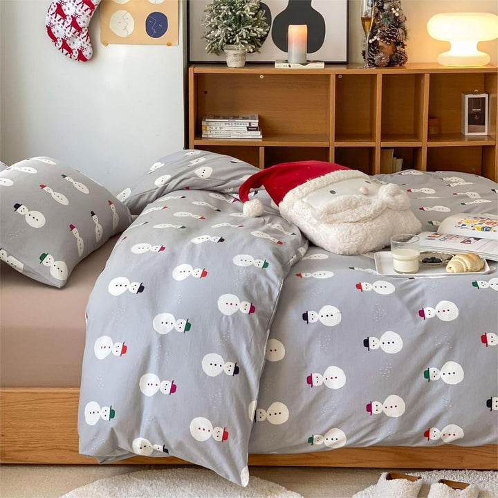 Freyamy Weihnachts Bettwäsche Set 135x200cm Grau Bunt Schneemann Bettwaren-Sets Junge Mädchen Weihna