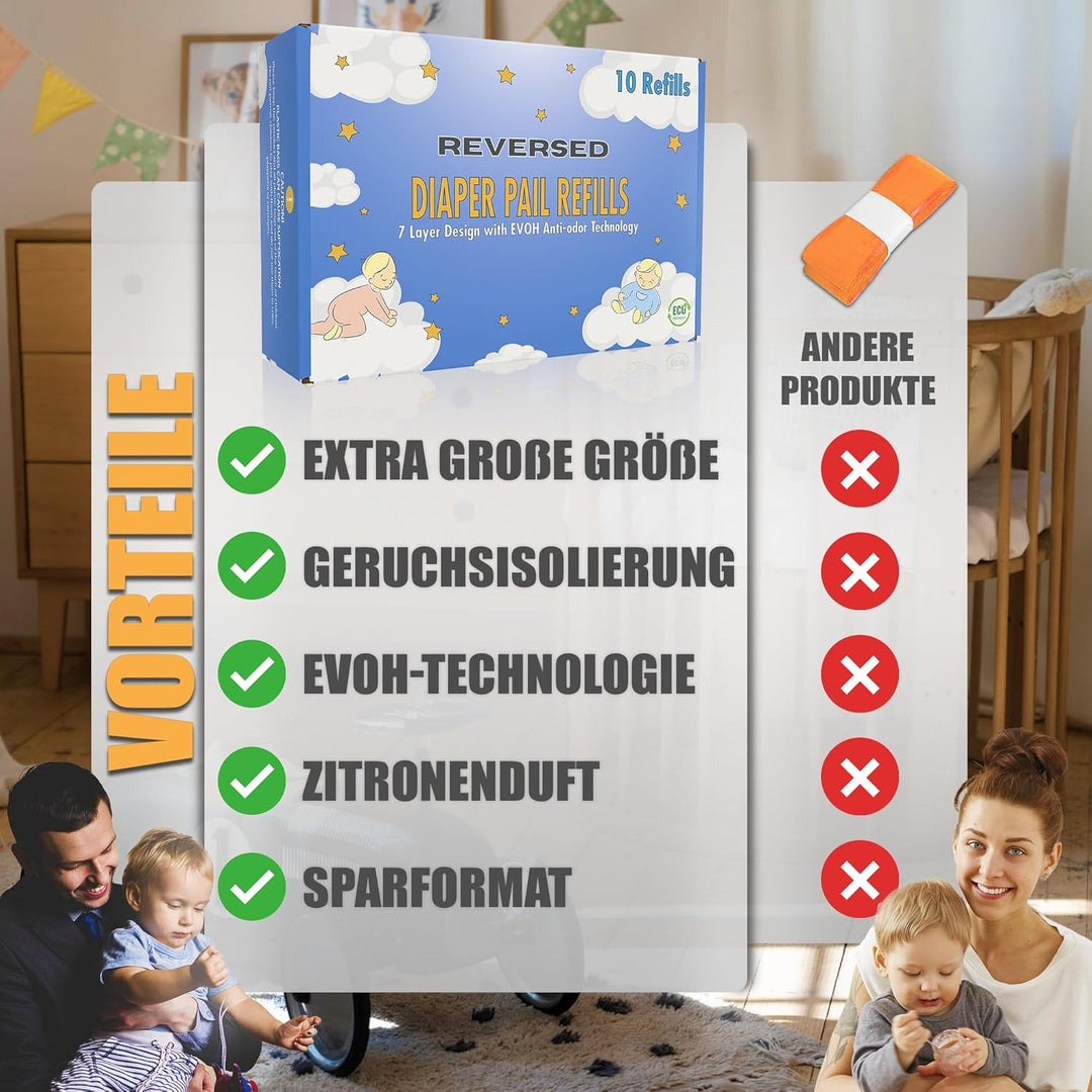 REVERSED® 10 Stück Nachfüllfolie für Windeleimer - Kompatibel mit Tommee Tippee Twist & Click Angelc