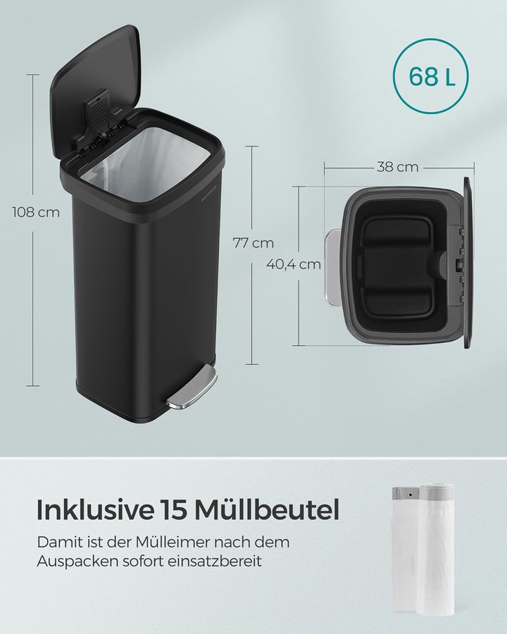 SONGMICS Mülleimer Küche, 68 Liter Abfalleimer, Tretmülleimer aus Metall, mit Deckel, hoch, schmal u