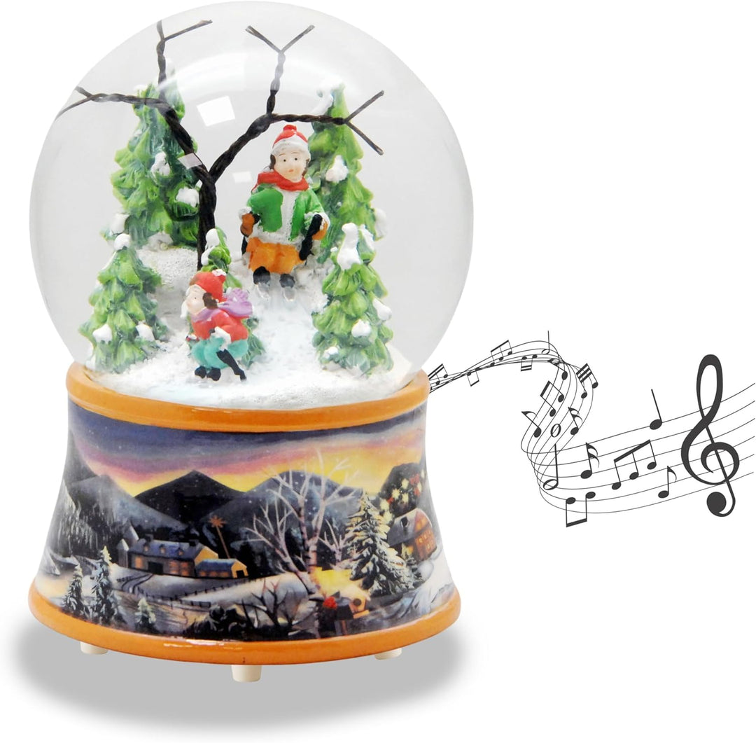Schneekugel Weihnachten mit Musik | Nostalgische Skifahrer | Sockel Winterlandschaft Ocker| H: 14cm