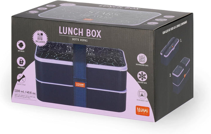 Legami - Lunchbox mit 3 Besteckn, Stars, Lunchbox, Fassungsvermögen 1200 ml, auslaufsicher, mikrowel