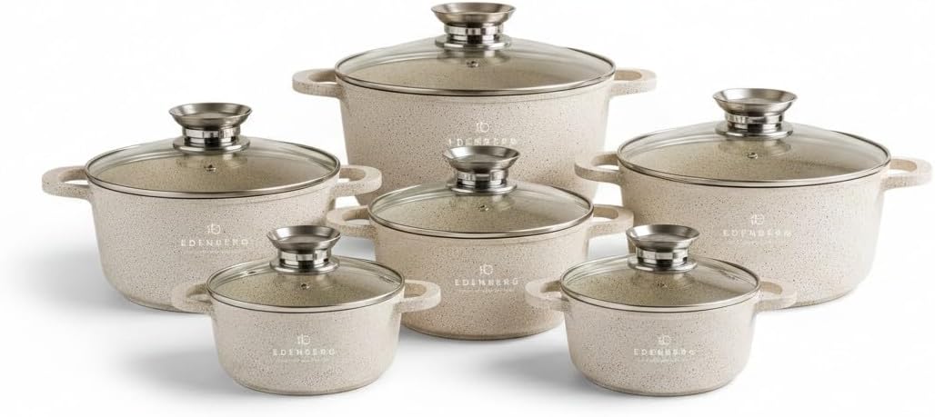 Beige Töpfe mit Marmor-Keramik-Beschichtung 12-tlg Induktion | induktions Töpfe Set, Kochtöpfe, Töpf