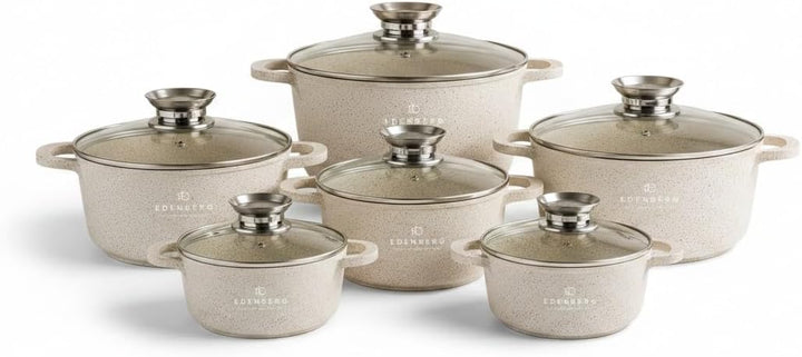 Beige Töpfe mit Marmor-Keramik-Beschichtung 12-tlg Induktion | induktions Töpfe Set, Kochtöpfe, Töpf