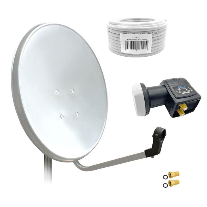 60cm HD Sat Anlage Twin LNB + 50m Koaxialkabel 135dB + 2 F-Stecker Digital 2 Teilnehmer Antenne Weis