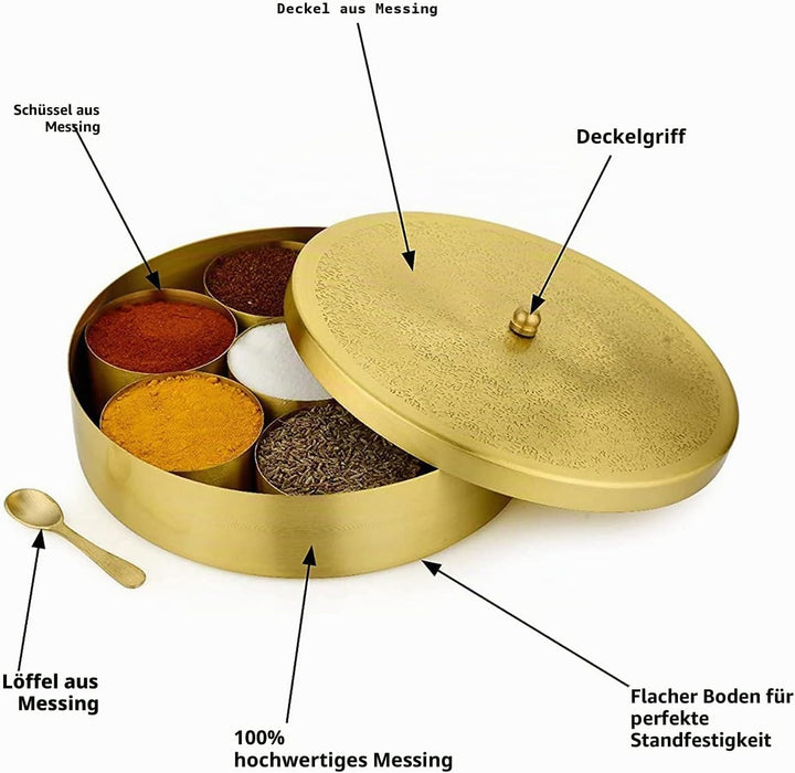 Grainex Indische Gewürzbox aus Messing, runder Masala-Kanister mit geprägtem Deckel, 7 Behälter und