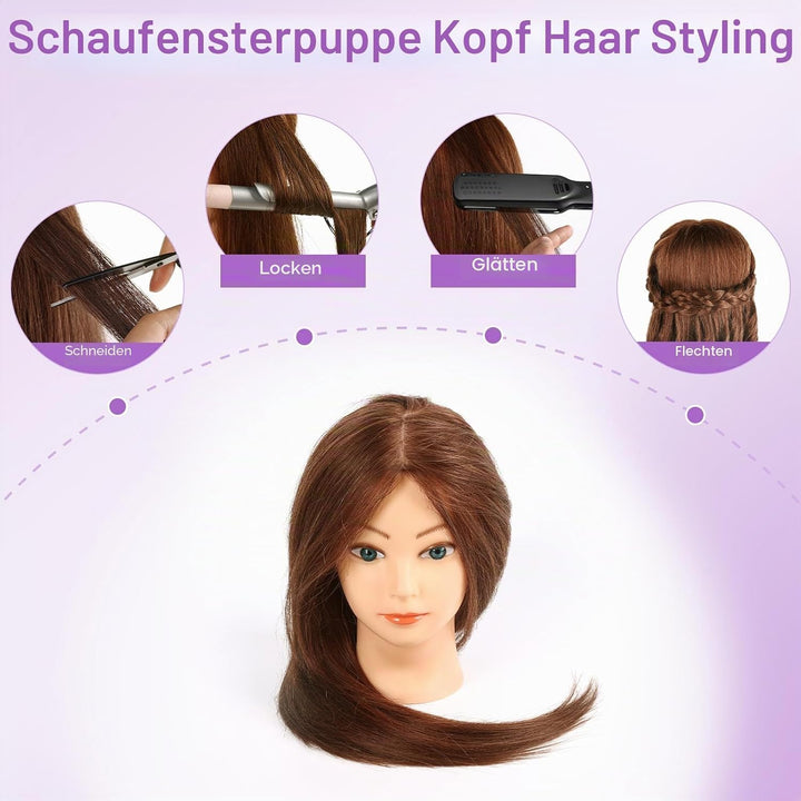 Frisierkopf, 18 Zoll Übungskopf 100% Echthaar Haar Friseur Übungskopf Praxis Schaufensterpuppen Pupp
