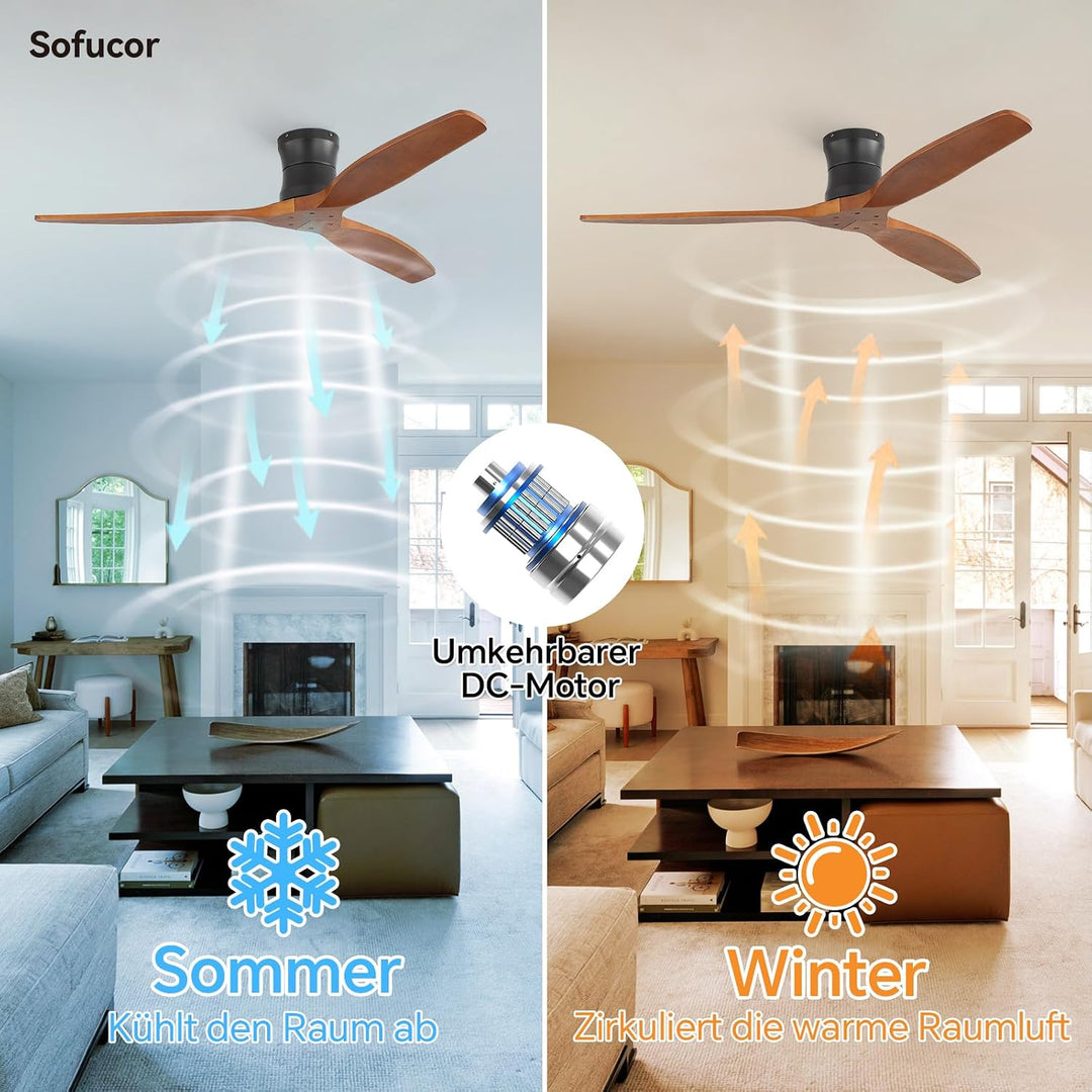 Sofucor 132cm Deckenventilator mit Fernbedienung, Massivholz Deckenventilator ohne Licht, Leise DC M