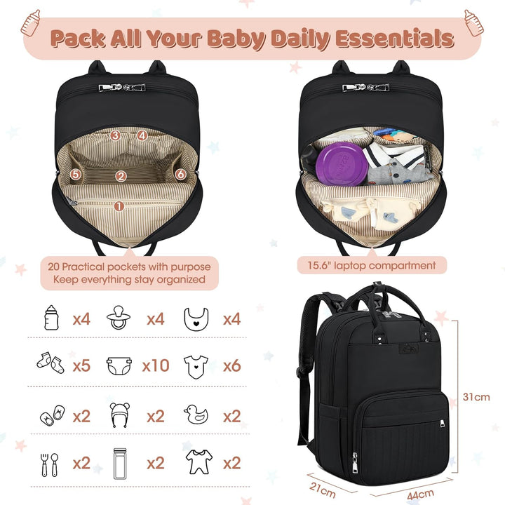 RAINSMORE Baby Wickelrucksack Gross Wickeltasche Rucksack mit Kinderwagengurten und Wickelunterlage