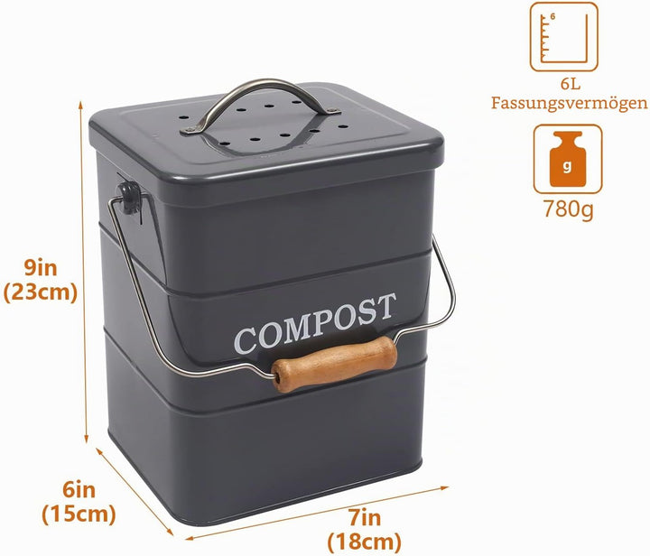 Metall komposteimer mit Deckel Küche biomülleimer Arbeitsplatte und Unterschrank Mini komposter, 6L