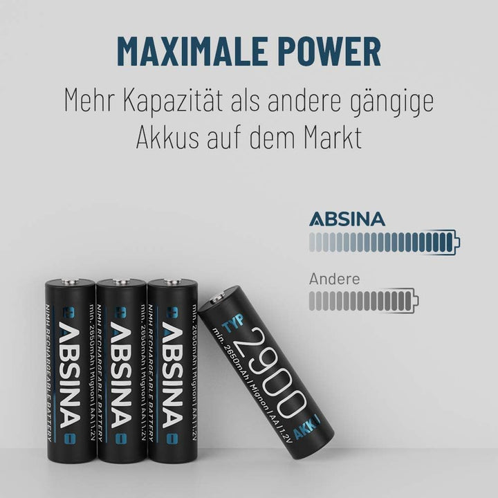 ABSINA Akku AA wiederaufladbar 2900 16er Pack - NiMH AA Akku mit 1,2V & min. 2650mAh - Aufladbare Ba