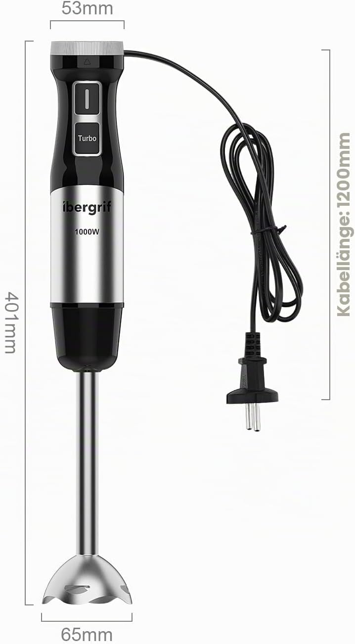 Ibergrif Stabmixer 1000W Edelstahl mit stufenloser Geschwindigkeitsregelung und Turbo Taste, Elektri