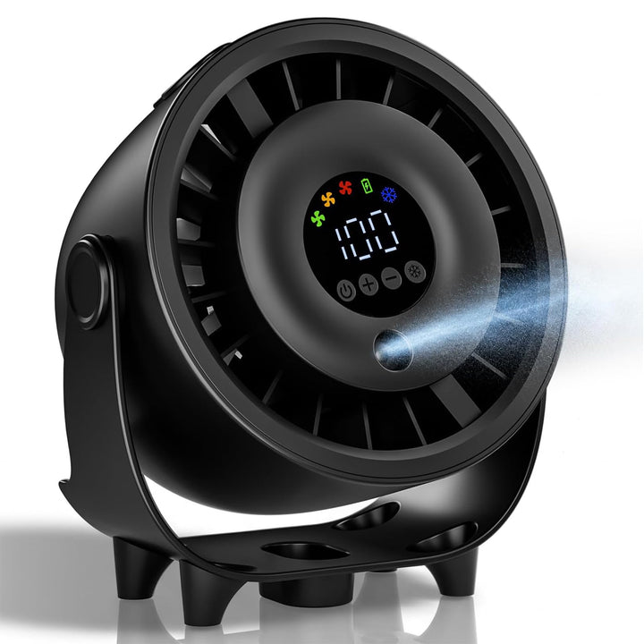 Tragbarer Tischventilator, Wiederaufladbar mit Sprühnebel, Schwarz | Turbo Digitalanzeige, 3 Geschwi