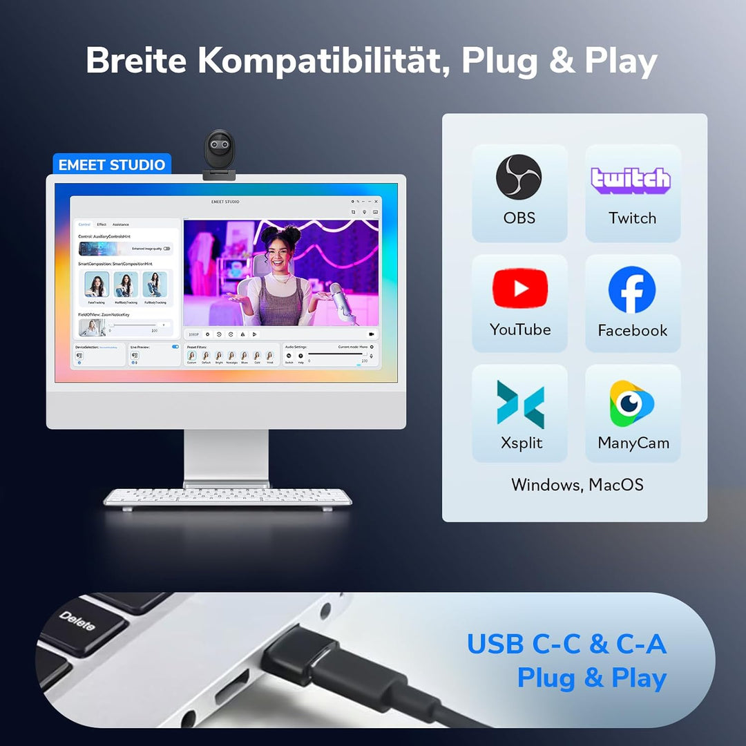 EMEET 4K Webcam Piko, Weltweit Erste KI-gestützte 4K-Webcam mit Dual-Kamera und KI-Autofokus, 3 Mikr