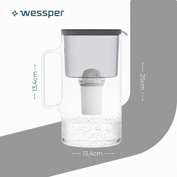 Wessper Wasserfilter Kanne Glas 2,5L Crystaline, Set Wasserkanne und 2 Filter AQUA CLASSIC, Wasserka
