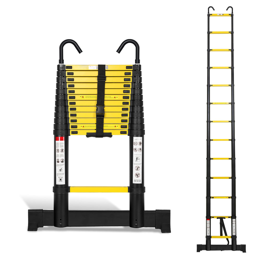 Joparri Aluminium Teleskopleiter 3.8M, Ausziehbare Leiter mit Stabilisator und Abnehmbaren Haken, Ru