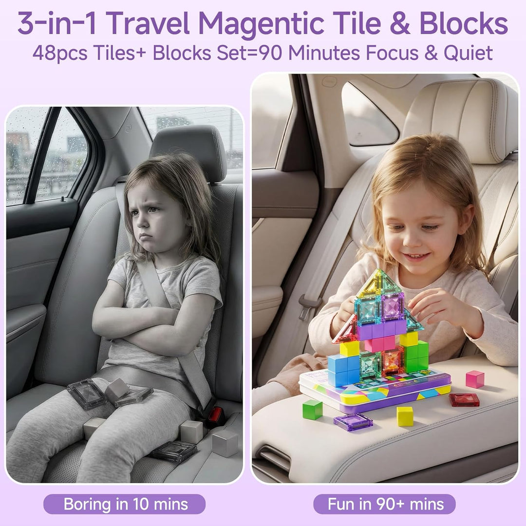 Magnetische Bausteine Reiseset (3-in-1): 48-Teile Magnetspielzeug in Ultraleichter Metallbox (nur 38