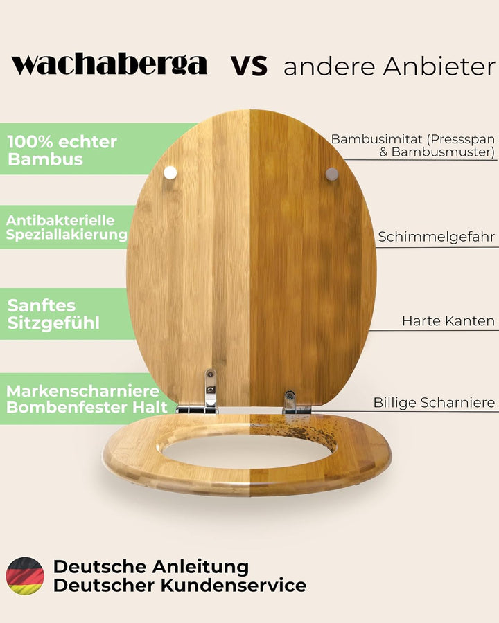 Bambus WC Sitz mit Absenkautomatik - bombenfester Halt des Bambus Klodeckels durch Spezialscharniere