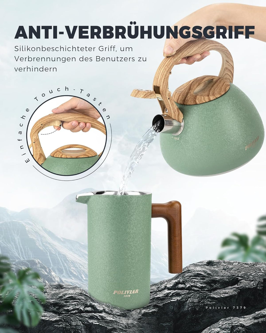 Poliviar Teekessel Induktion - Wasserkessel für Induktion und Gasherd - 2,7L Flötenkessel mit Holzma