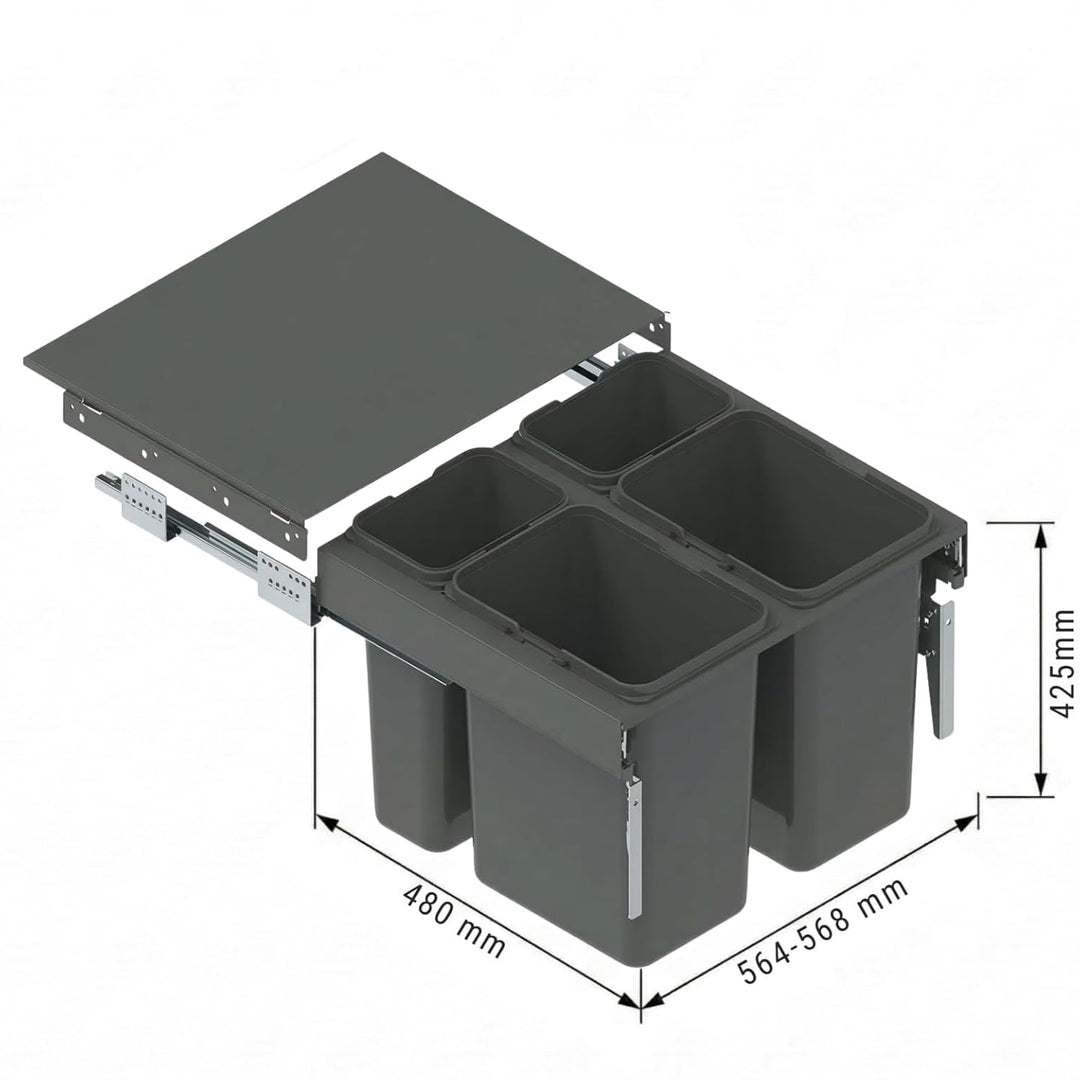 Einbau-Mülleimer für 60 cm Schrank SEGREGO 4-fach Abfallsystem mit Deckel Soft-Close & Vollauszug 56