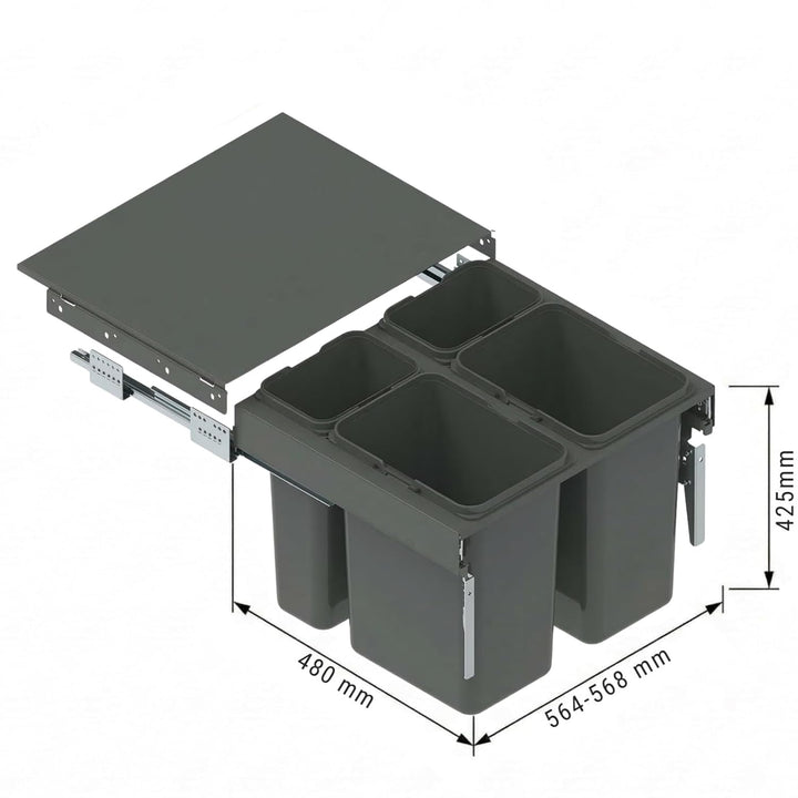 Einbau-Mülleimer für 60 cm Schrank SEGREGO 4-fach Abfallsystem mit Deckel Soft-Close & Vollauszug 56