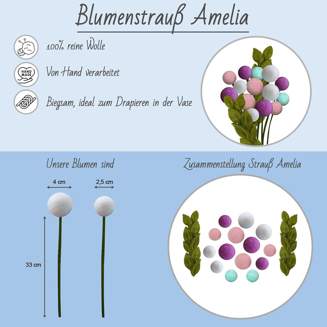 your castle Blumenstrauss aus 14 handgearbeiteten künstliche Filzblumen &amp; 2 Ästen, fairer Handel, na