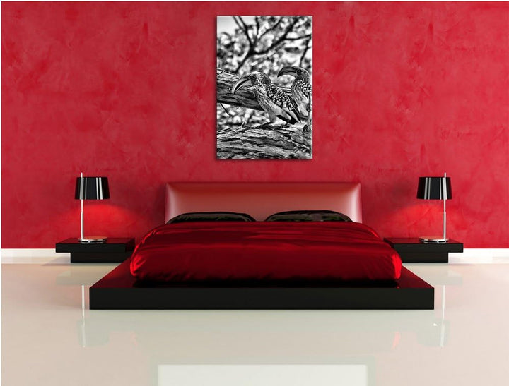 Pixxprint Zwei exotische Vögel auf Baum / 100x70cm Leinwandbild bespannt auf Holzrahmen/Wandbild Kun