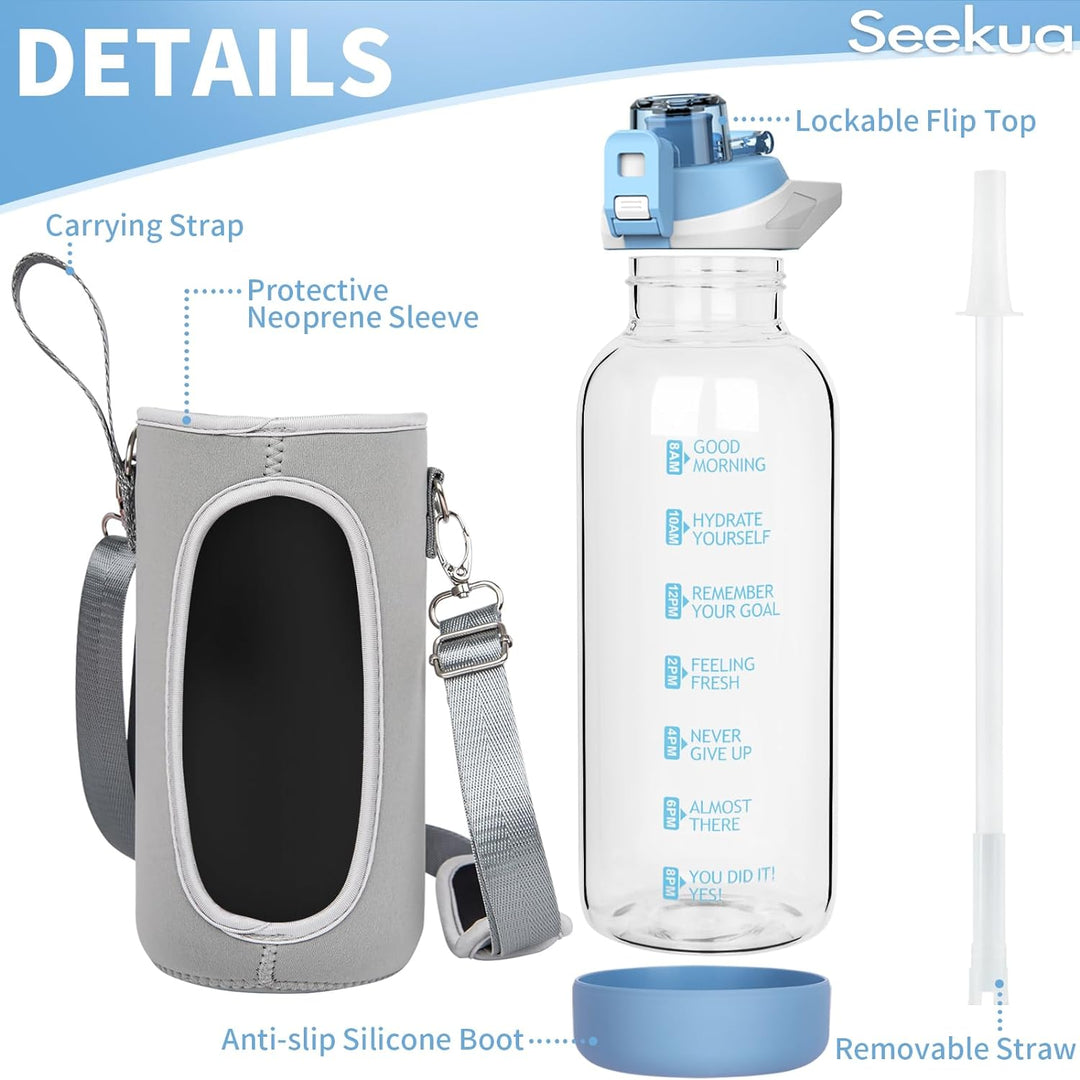 Seekua 1.5 liter Sport Trinkflasche Glas Flasche mit Strohhalm & Zeitmarkierung auslaufsicher bpa fr