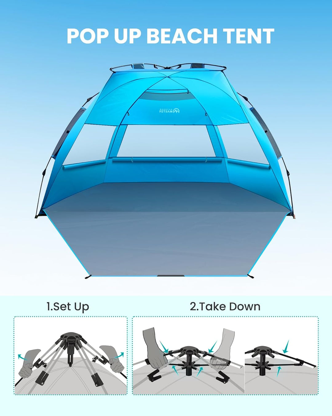 OutdoorMaster Pop-Up-Strandzelt für 3–4 Personen, Grösse XL, einfacher Aufbau, tragbarer Strandschat