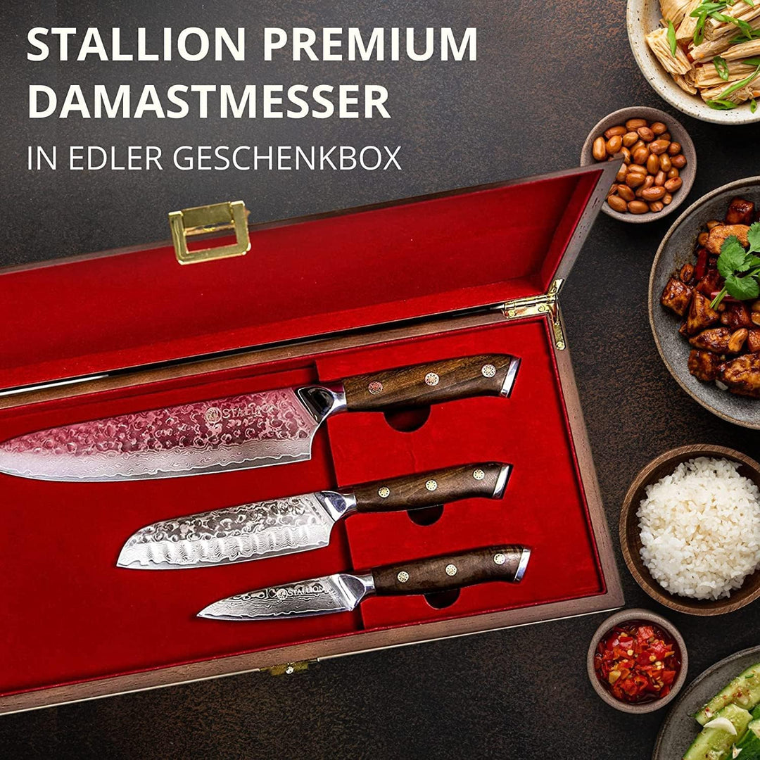 Stallion 3er Messerset Damast mit Edlem Ironwood Griff - Hochwertiges Damastmesser Set aus Kochmesse