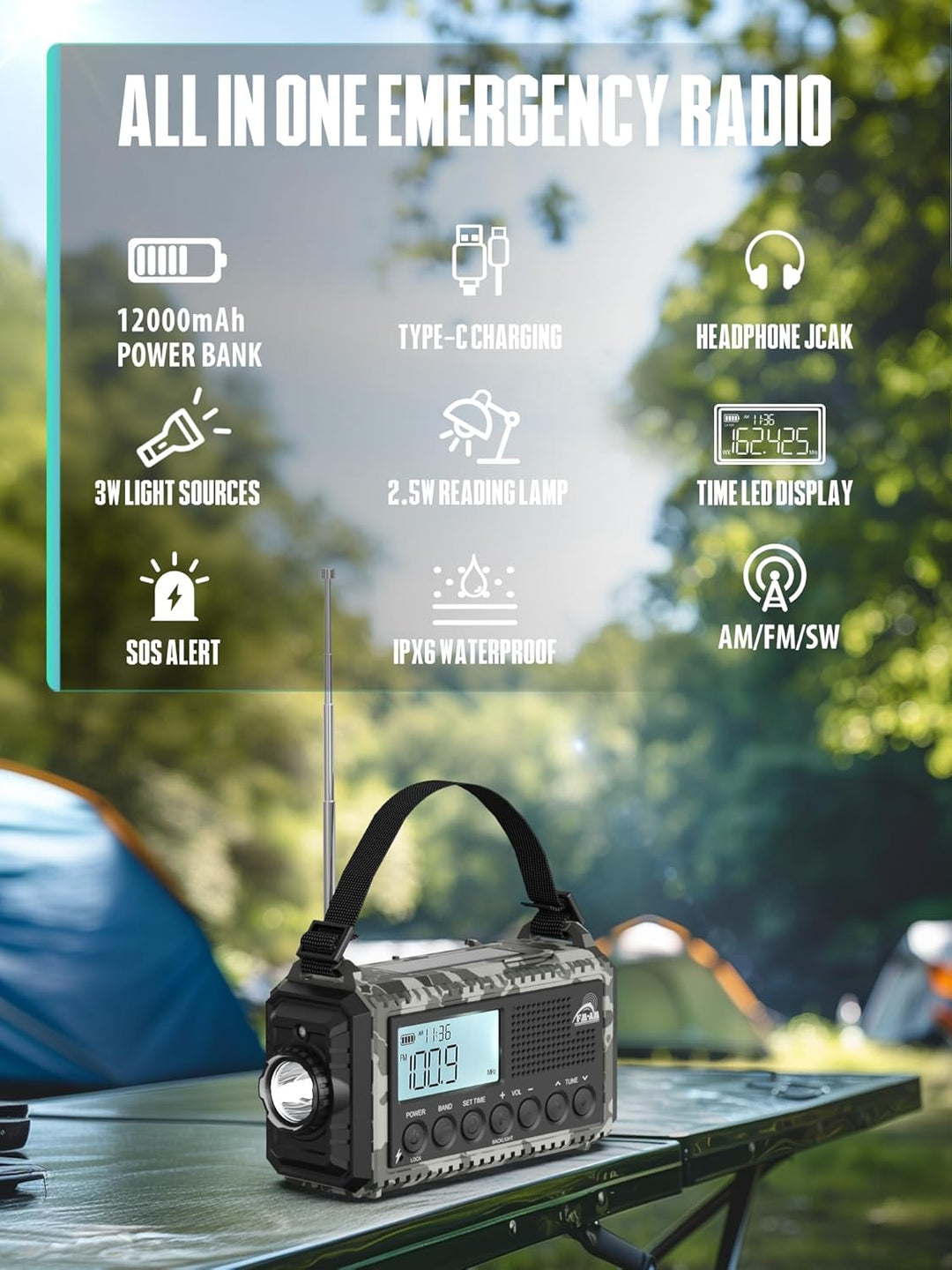 Kurbelradio 12000mah mit Handyladefunktion Solar, AM/FM/SW Notfallradio,Usb/Typ C, Sos,Wiederaufladb