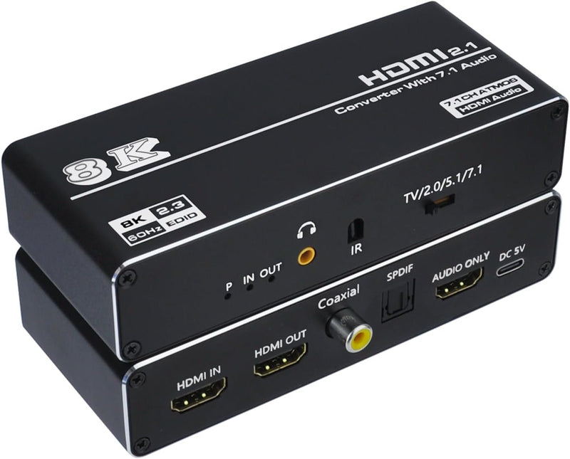 Tendak HDMI 2.1 Audio Extraktor, HDMI Audio Splitter 8K@60Hz HDMI zu HDMI/Optisch Spdif/Coaxial/3,5m