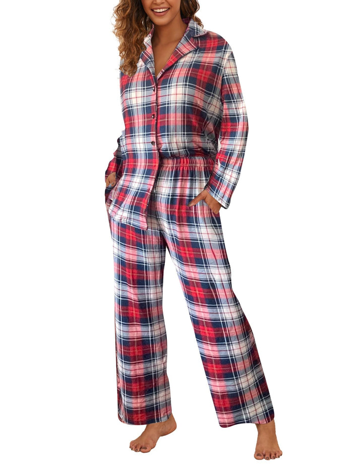 Famulily Frauen Langarm Pyjama Set Plaid Loungewear Sets Button Up Top und Wide Leg Hosen S-XXL M Ro