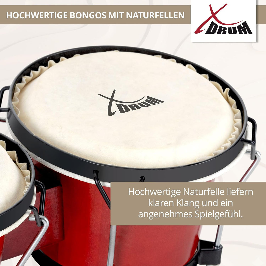 XDrum Bongos Club Set - 6" Macho und 7" Hembra - Naturfelle - professionelles Stimmsystem - Schwarz