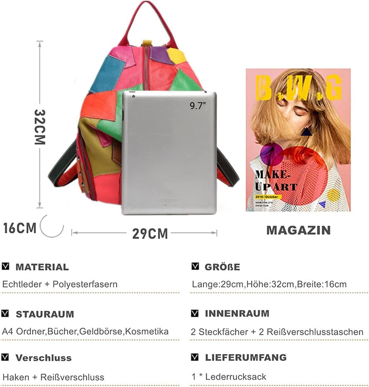 Eysee Rucksack Damen Leder Rucksackhandtasche-Rind Leder Daypack Collage Gradient 2019 NEU Mehrfagib