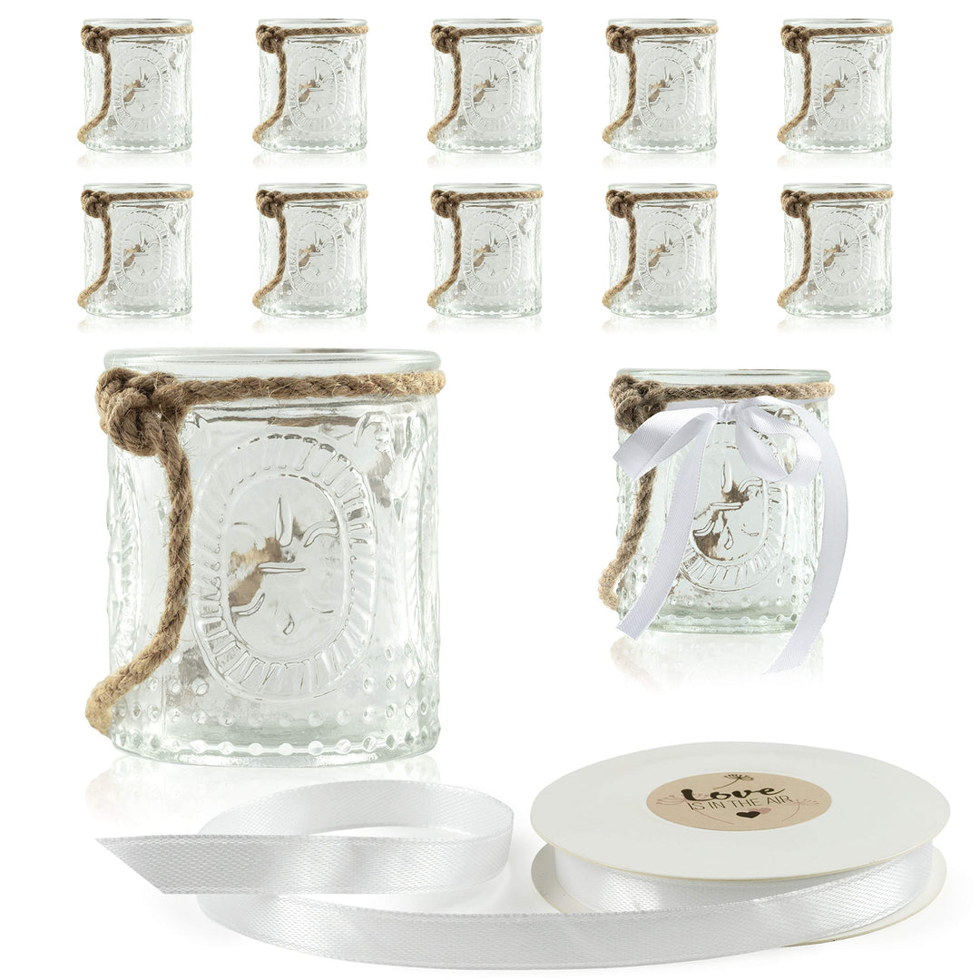 WeddingTree 12 x Windlicht Glas mit Bügel und Dekoband weiss - Teelichtgläser - Einfach Abnehmbarer