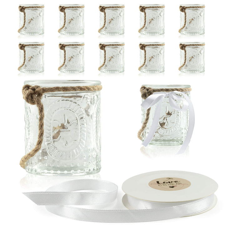 WeddingTree 12 x Windlicht Glas mit Bügel und Dekoband weiss - Teelichtgläser - Einfach Abnehmbarer