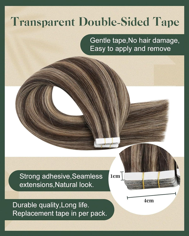 Ugeat 55cm Tape in Extensions Echthaar Gesträhnt Dunkelbraun mit Karamell P4/27 Extension Echthaar T