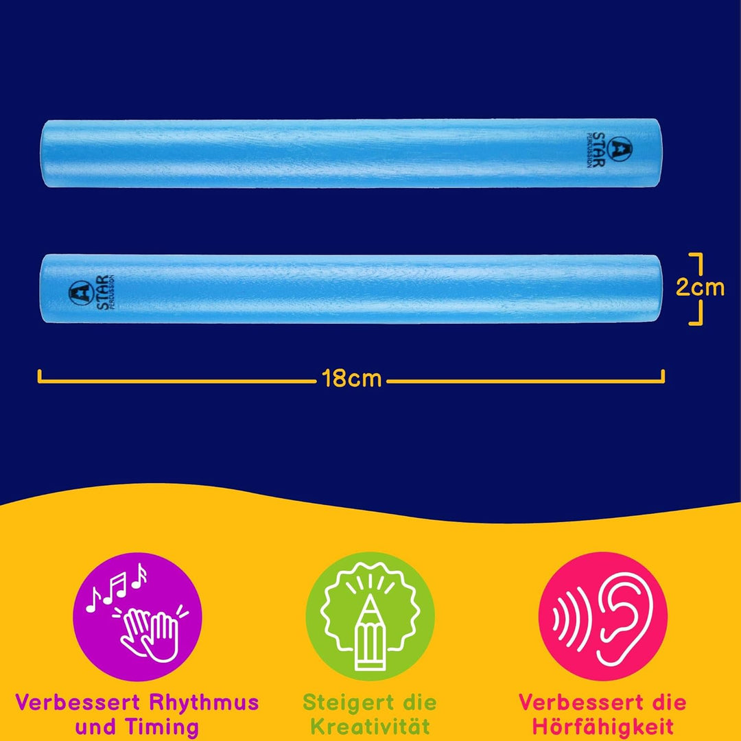 A-Star Blue Wood Claves, 20 cm – Packung mit 10 Paaren – Handrhythmusstäbe, Holzschlaginstrument Bla