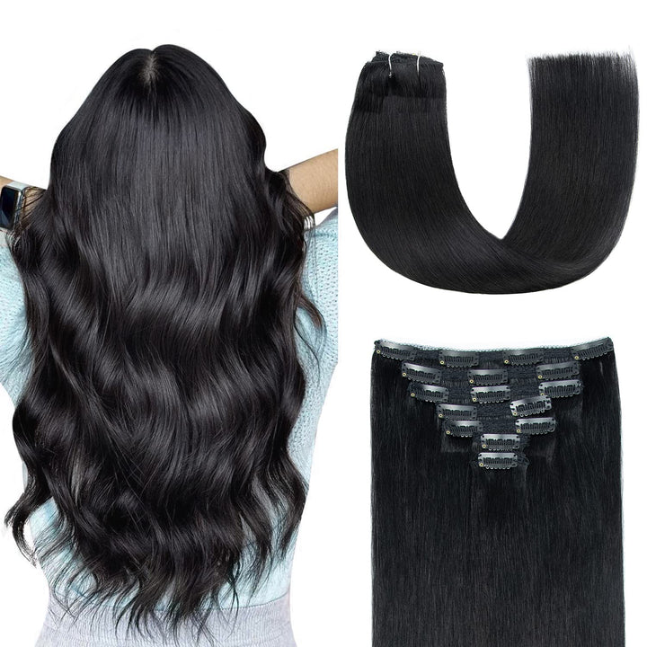 AGMITY Clip in Extensions Echthaar Tief Schwarz 40cm 7 Stück 120g 100% Echtes Remy Echthaar Unsichtb