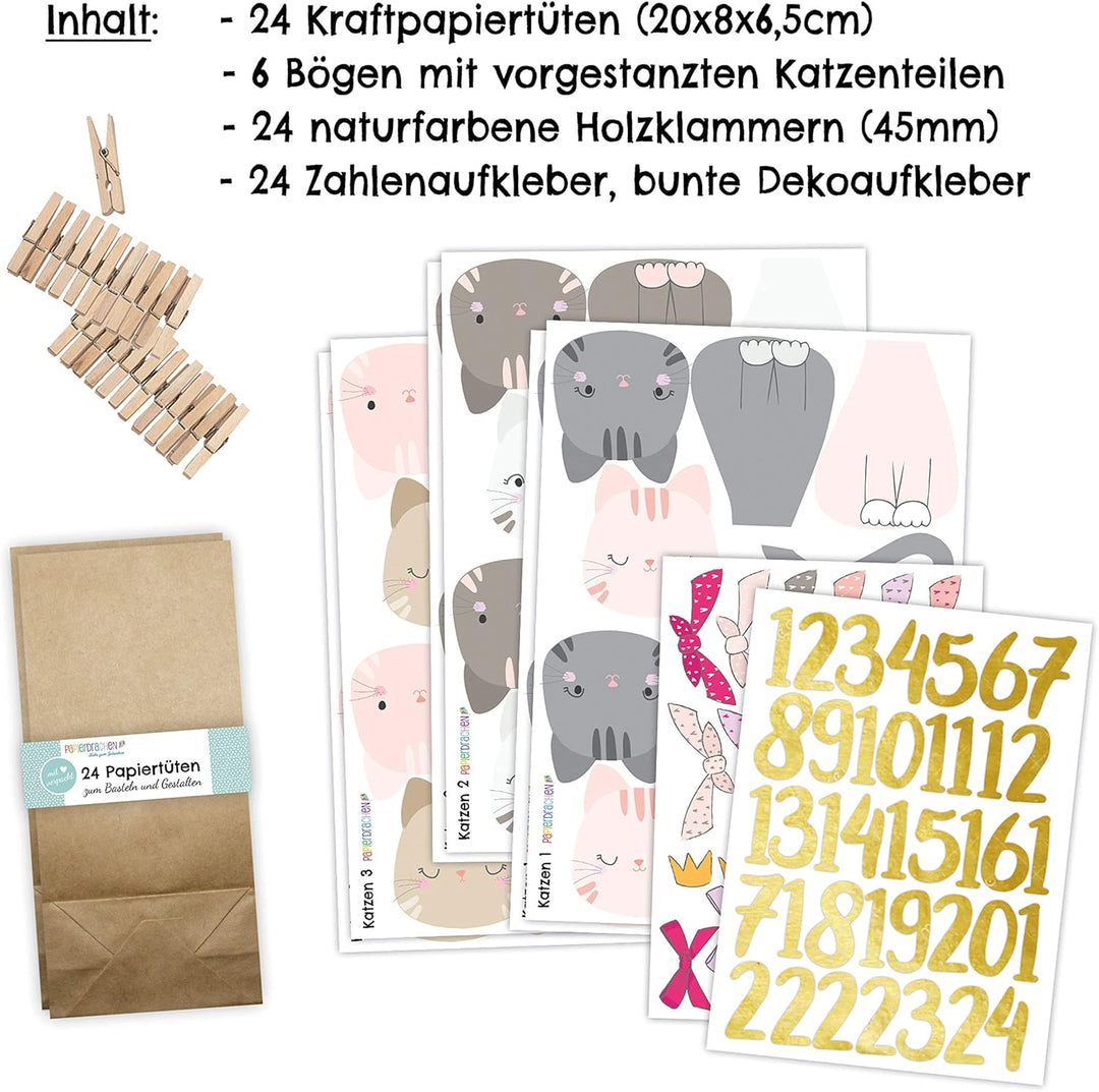 Papierdrachen Adventskalender 2025 zum Befüllen - Katzen - braune Papiertüten mit Stanzteilen - inkl