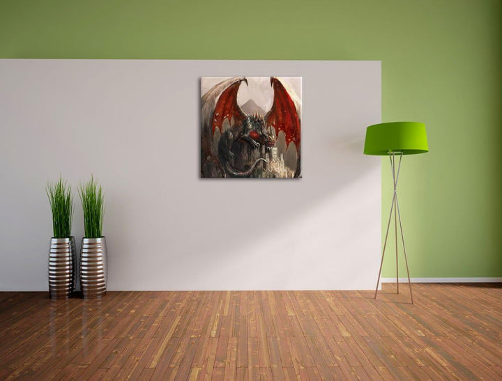 Pixxprint Dragon Castle, Format: 70x70 auf Leinwand, XXL riesige Bilder fertig gerahmt mit Keilrahme