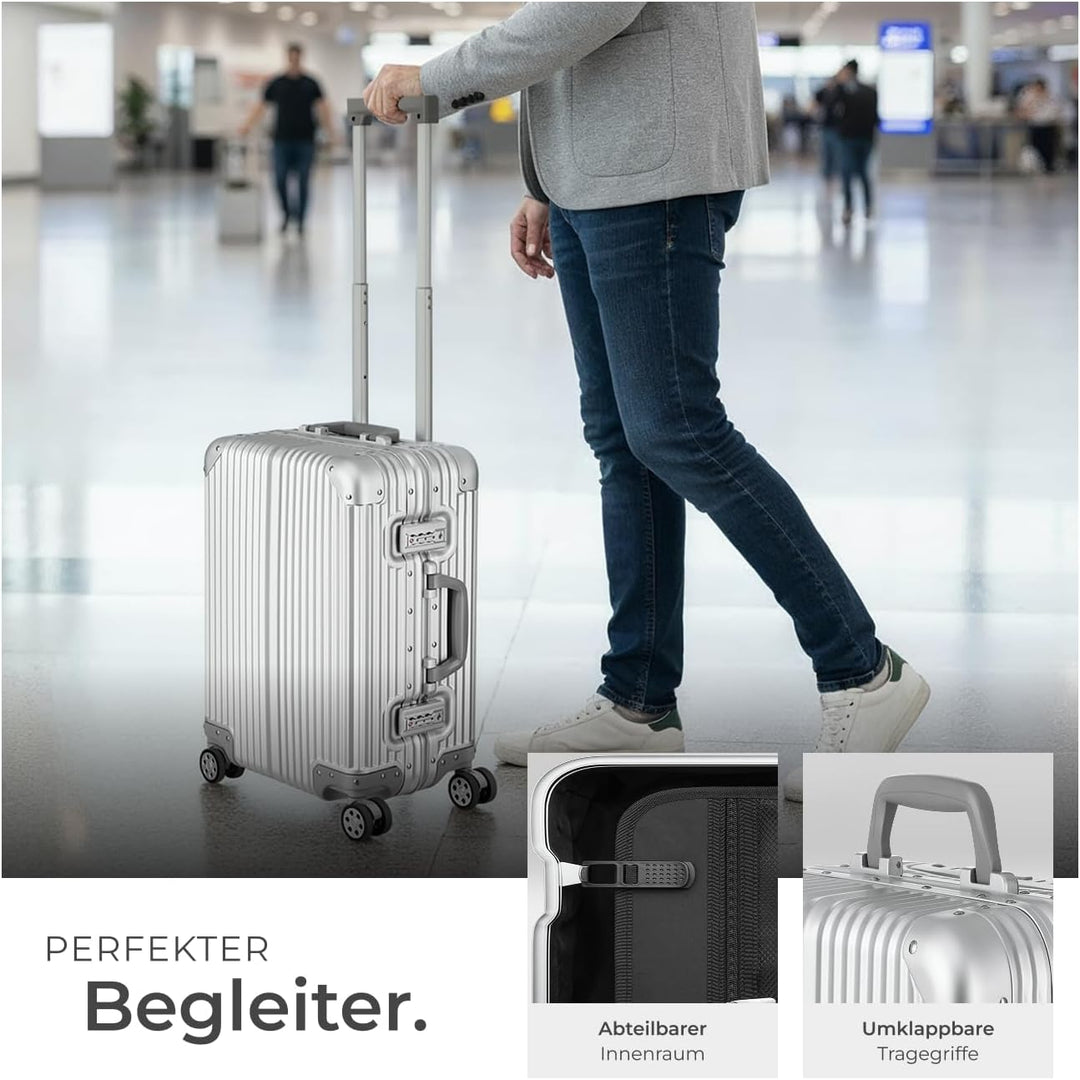 tectake® Alu Handgepäck Koffer 20" 36L Reisekoffer, 2 TSA-Schlösser, Teleskopgriff, 4 leise Rollen,