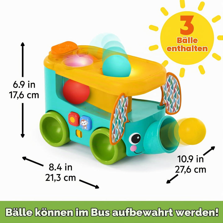 Bright Starts Pop &amp; Roll Safari Bus Ballspielzeug, Elefanten Popper und Werfer, Baby Krabbelspielzeu