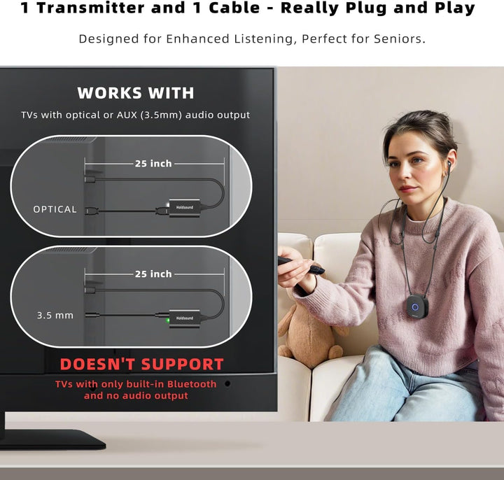 Holdsound HSD100 TV Kopfhörer Kabellos Senioren, Funkkopfhörer Kabellos für TV mit USB-Sender, Nacke