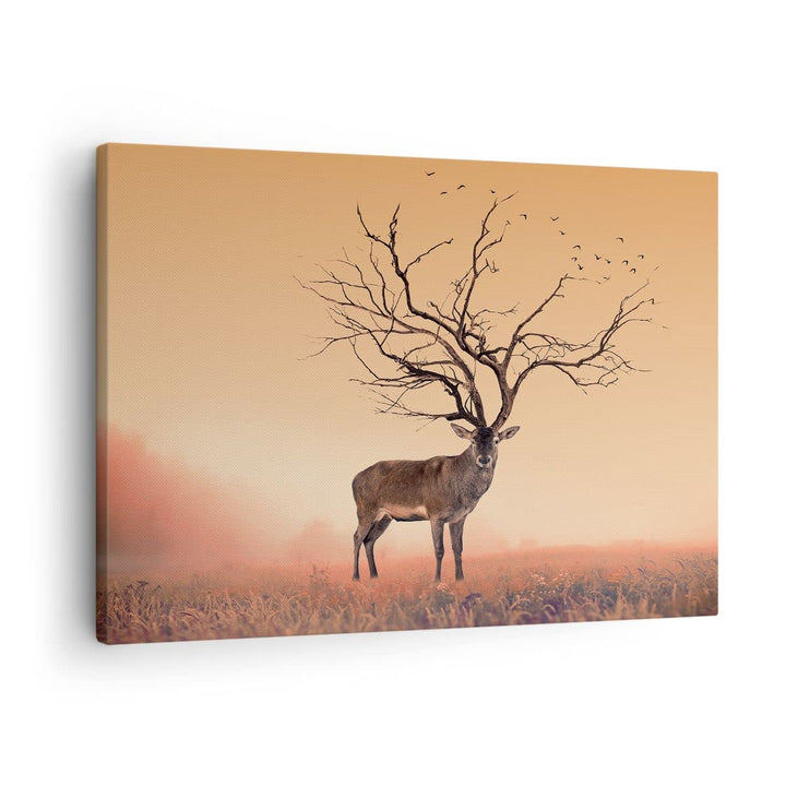 ARTTOR Bilder auf Leinwand Hirsch Baum Nebel Wald Leinwandbild 70x50cm Wandbilder Dekoration Wohnzim
