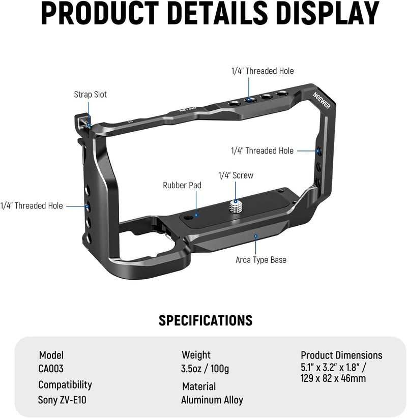 NEEWER ZV-E10 Cage Käfig kompatibel mit Sony ZV-E10, Aluminiumlegierung Video Rig Kamerakäfig mit Ar